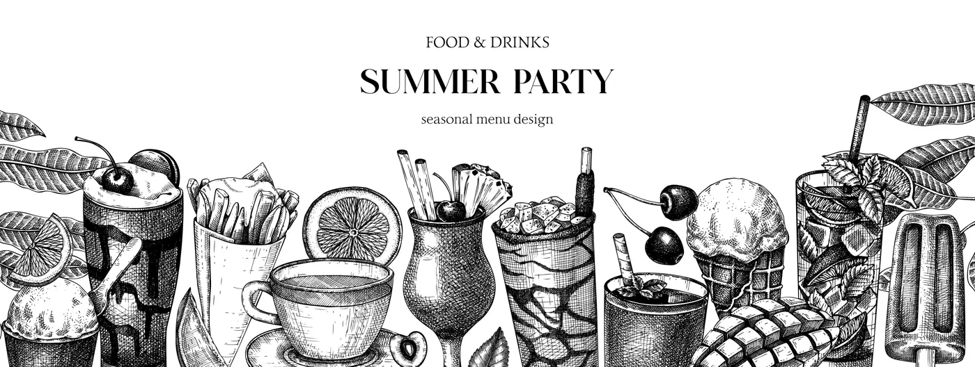 Summer party background. Non-alcoholic beverage, mocktail, ice cream, fruit, cocktail sketches. Hand drawn vector illustration. Summer food and drinks. Vintage bar menu. Tropical design Illustration